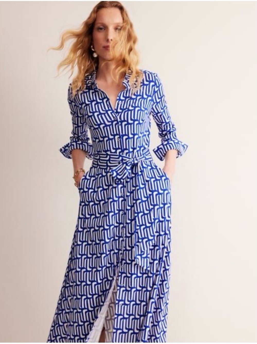Boden Marcia Jersey Midi Shirt Dress Blue White Geometric Belted US 4R UK 8R - Picture 7 of 12